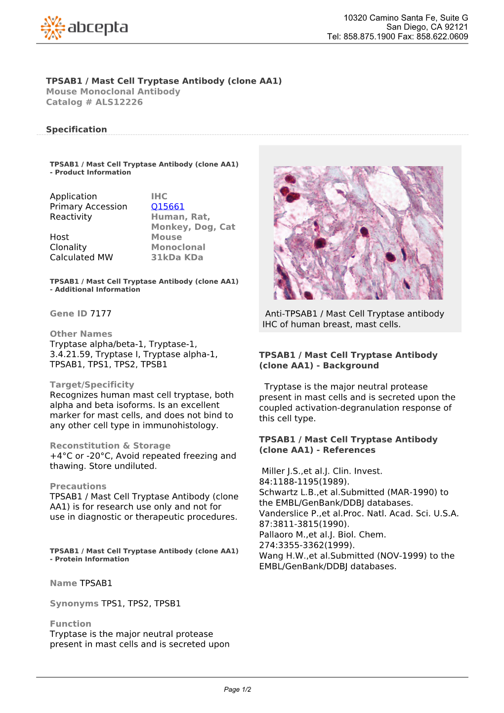 TPSAB1 / Mast Cell Tryptase Antibody (Clone AA1) Mouse Monoclonal Antibody Catalog # ALS12226