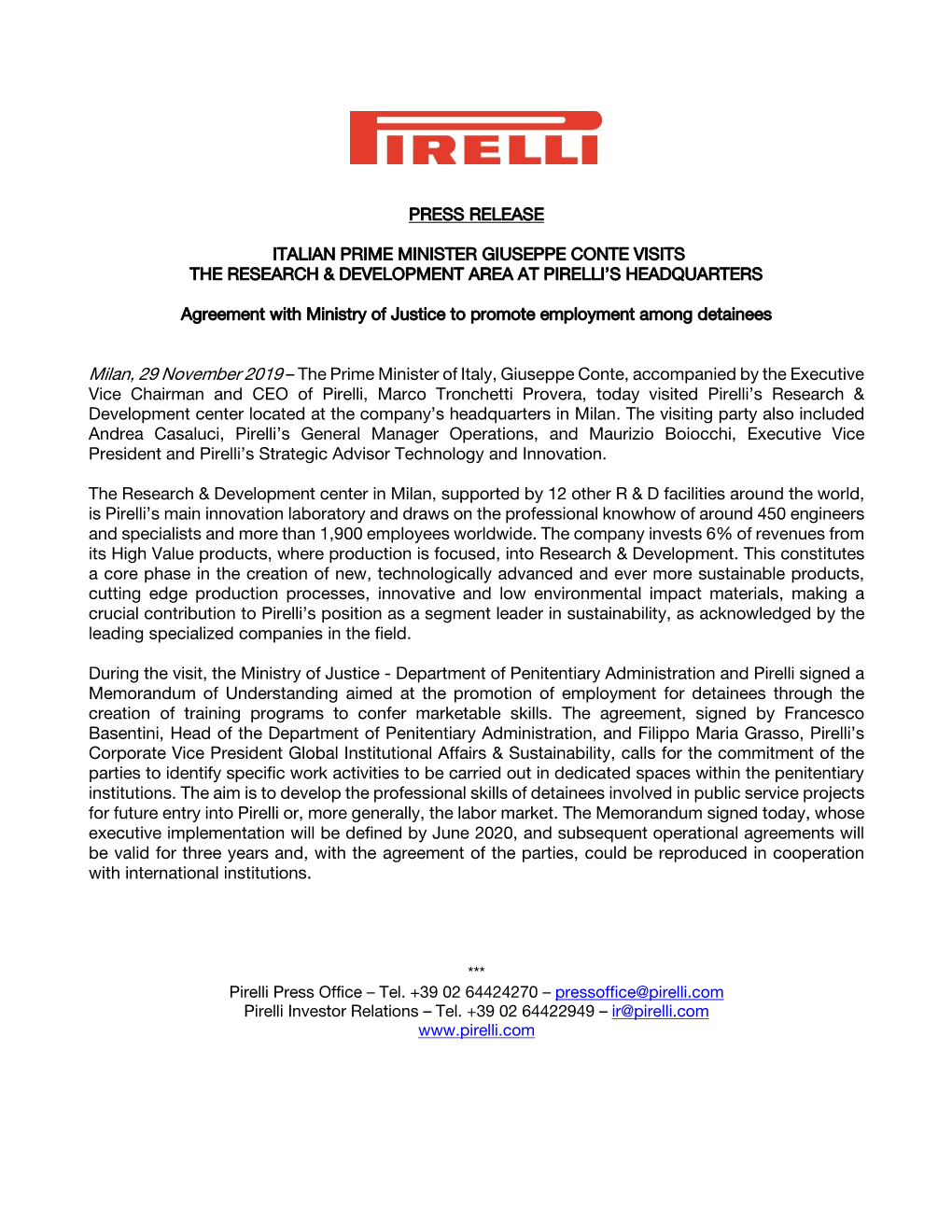 PRESS RELEASE ITALIAN PRIME MINISTER GIUSEPPE CONTE VISITS the RESEARCH & DEVELOPMENT AREA at PIRELLI's HEADQUARTERS Agre