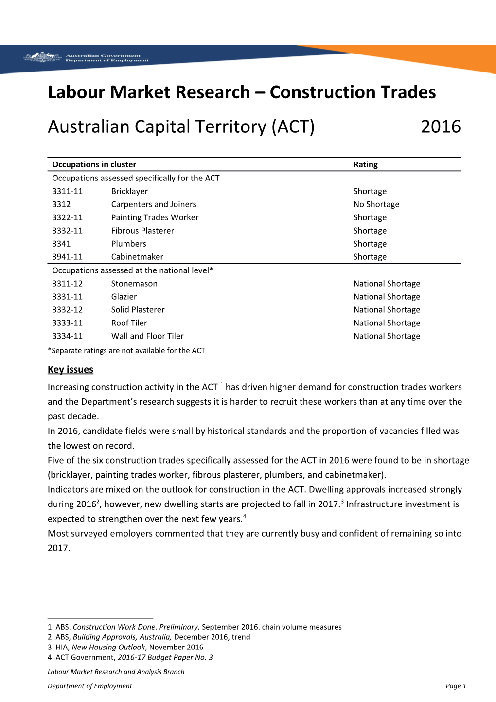 Labour Market Research Construction Trades Australian Capital Territory