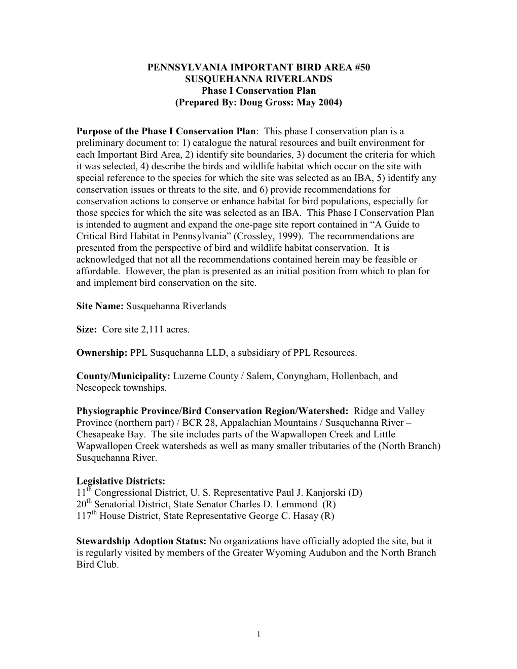 PENNSYLVANIA IMPORTANT BIRD AREA #50 SUSQUEHANNA RIVERLANDS Phase I Conservation Plan (Prepared By: Doug Gross: May 2004)