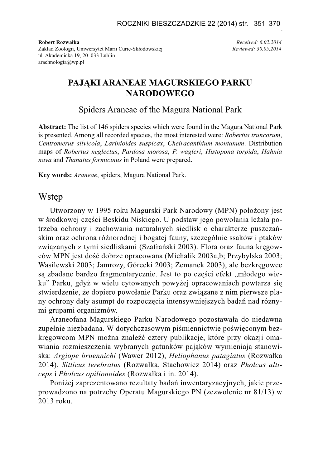 Pająki Araneae Magurskiego Parku Narodowego Spiders Araneae of the Magura National Park