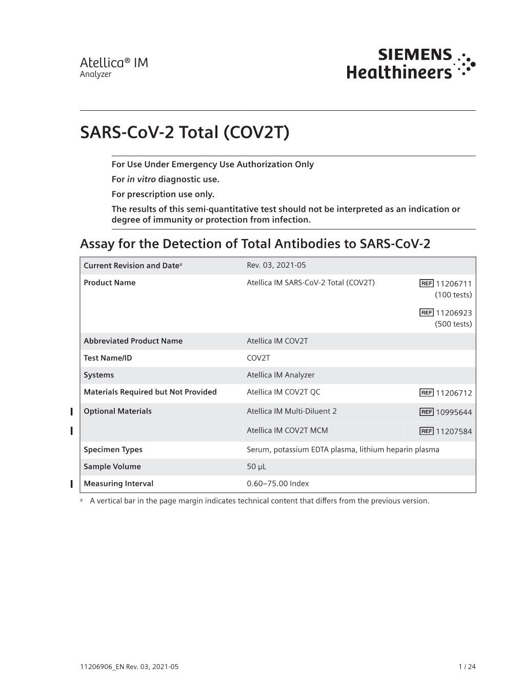 Atellica IM SARS-Cov-2 Total (COV2T) 11206711 (100 Tests)