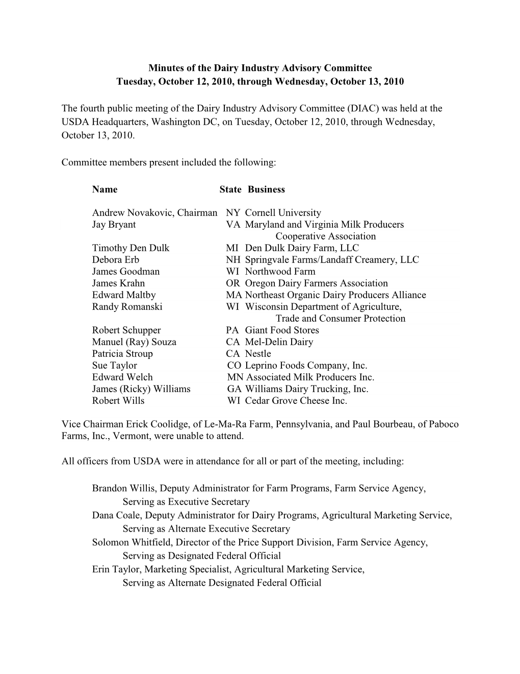 Minutes of the Dairy Industry Advisory Committee Tuesday, October 12, 2010, Through Wednesday, October 13, 2010