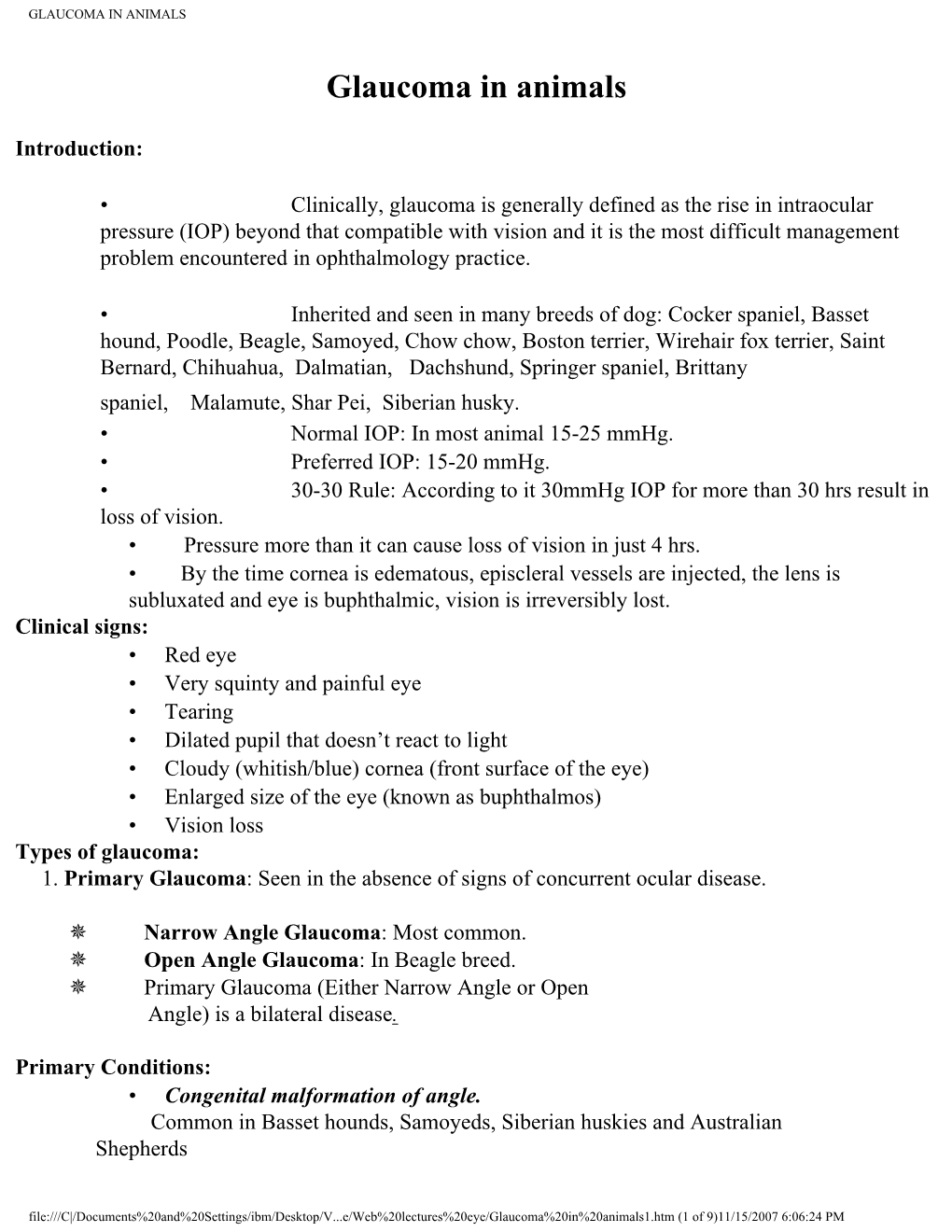 Glaucoma in Animals