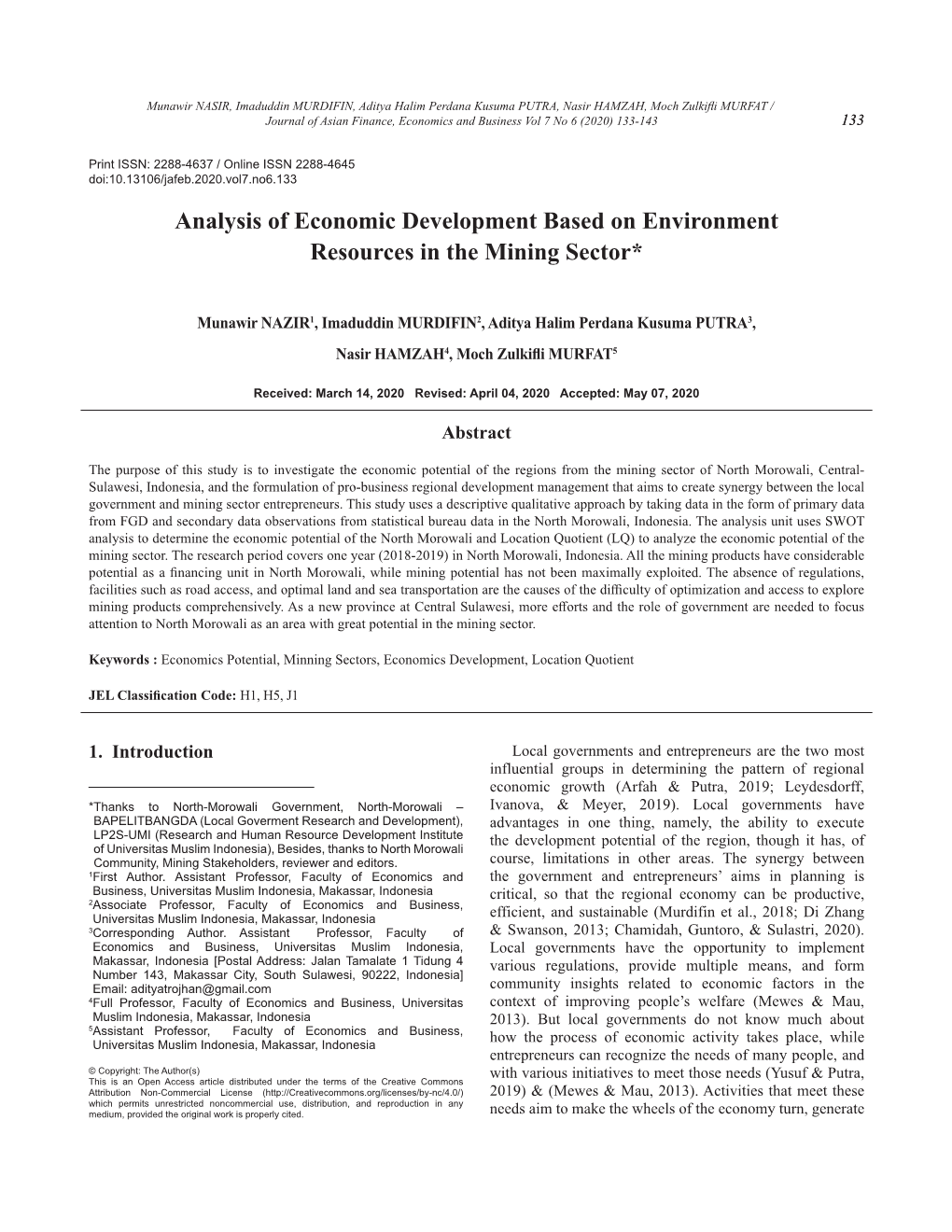 Analysis of Economic Development Based on Environment Resources in the Mining Sector*