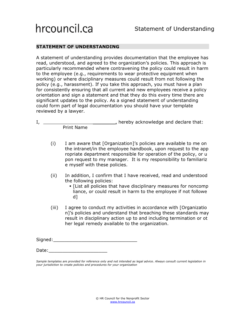 Statement Of Understanding Template