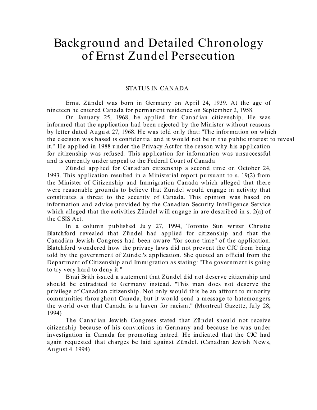 Background and Detailed Chronology of Ernst Zundel Persecution