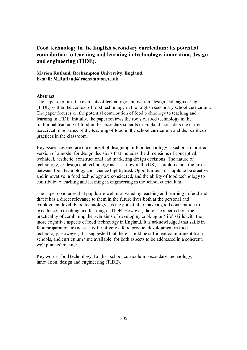 Food Technology in the English Secondary Curriculum: Its Potential Contribution to Teaching and Learning in Technology, Innovation, Design and Engineering (TIDE)