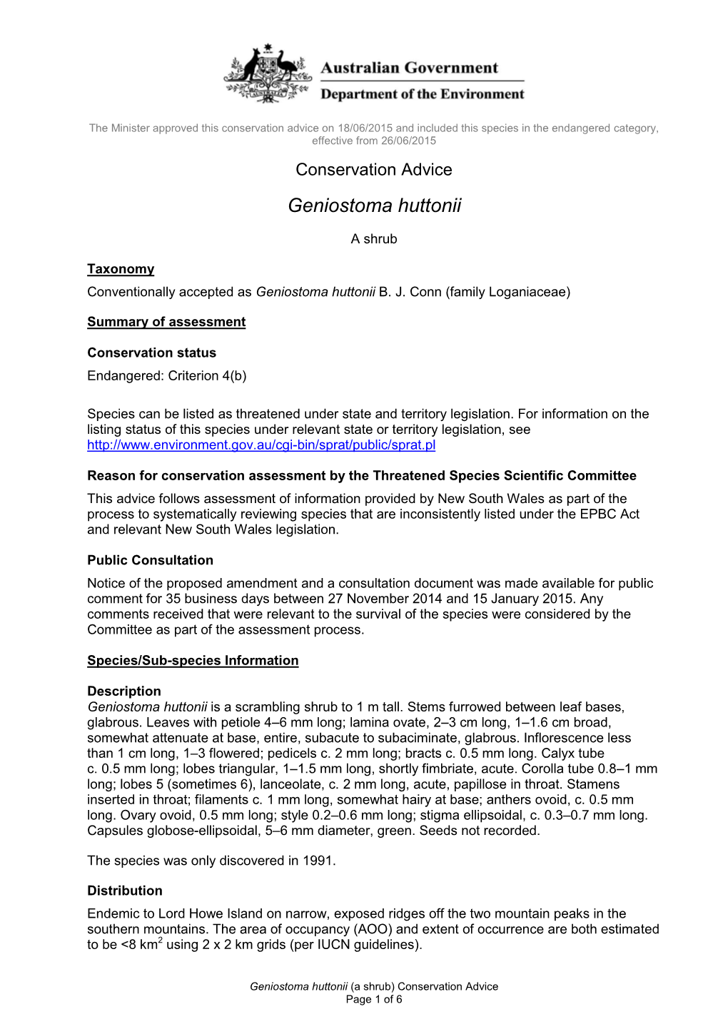 Conservation Advice Geniostoma Huttonii a Shrub