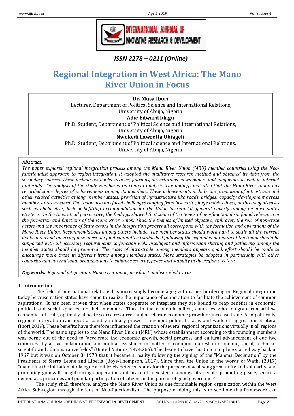 Regional Integration in West Africa: the Mano River Union in Focus