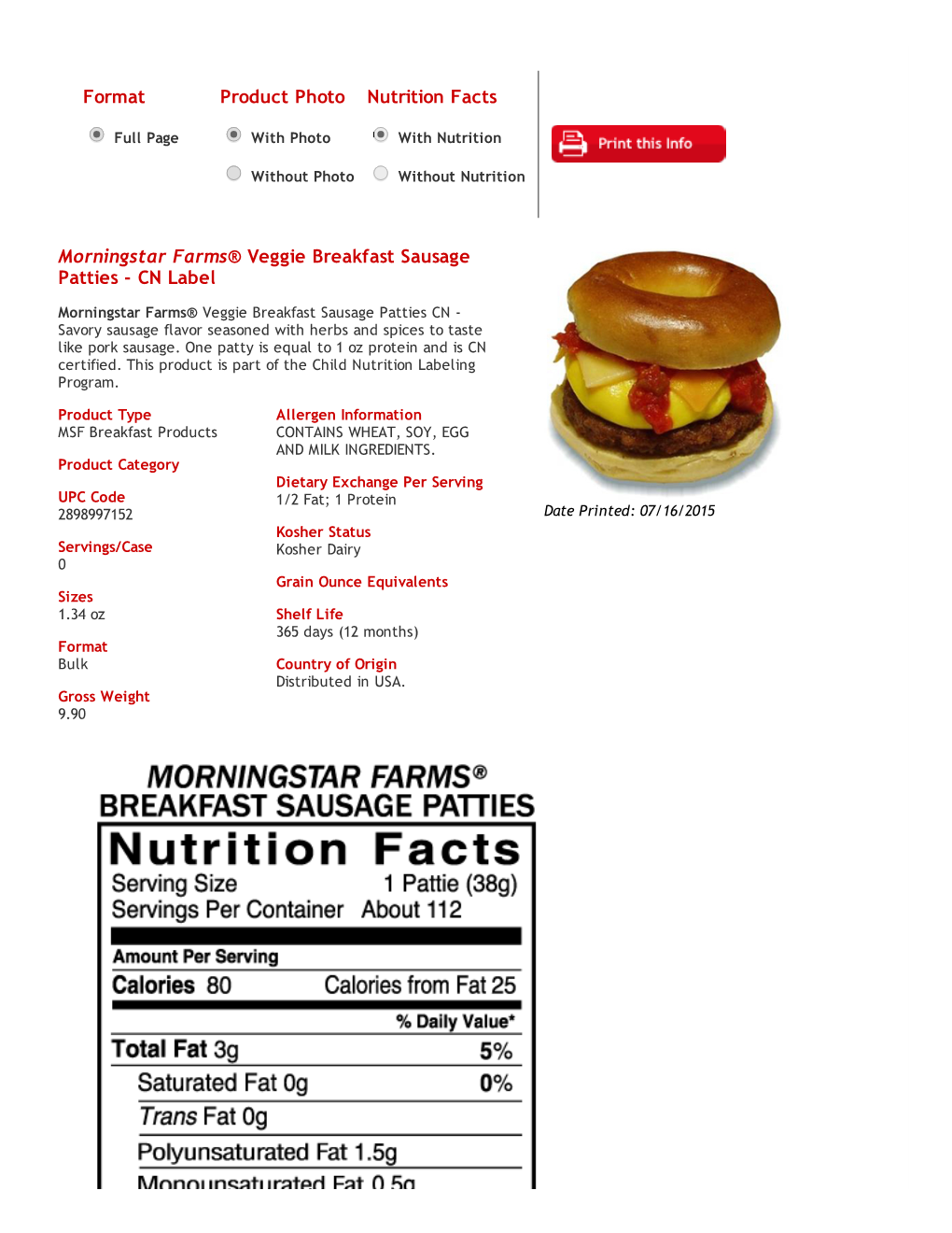 Format Product Photo Nutrition Facts Morningstar Farms® Veggie