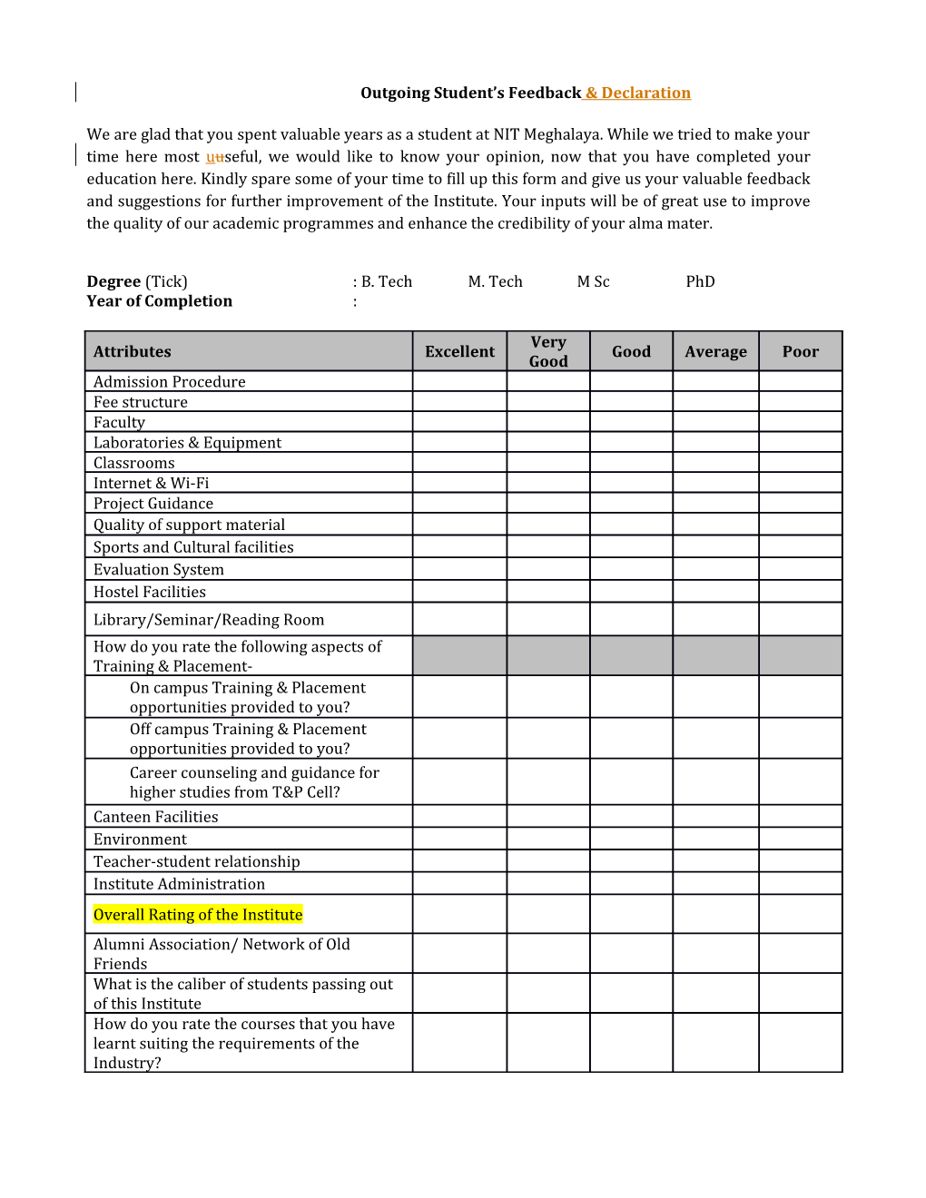 Outgoing Student S Feedback & Declaration