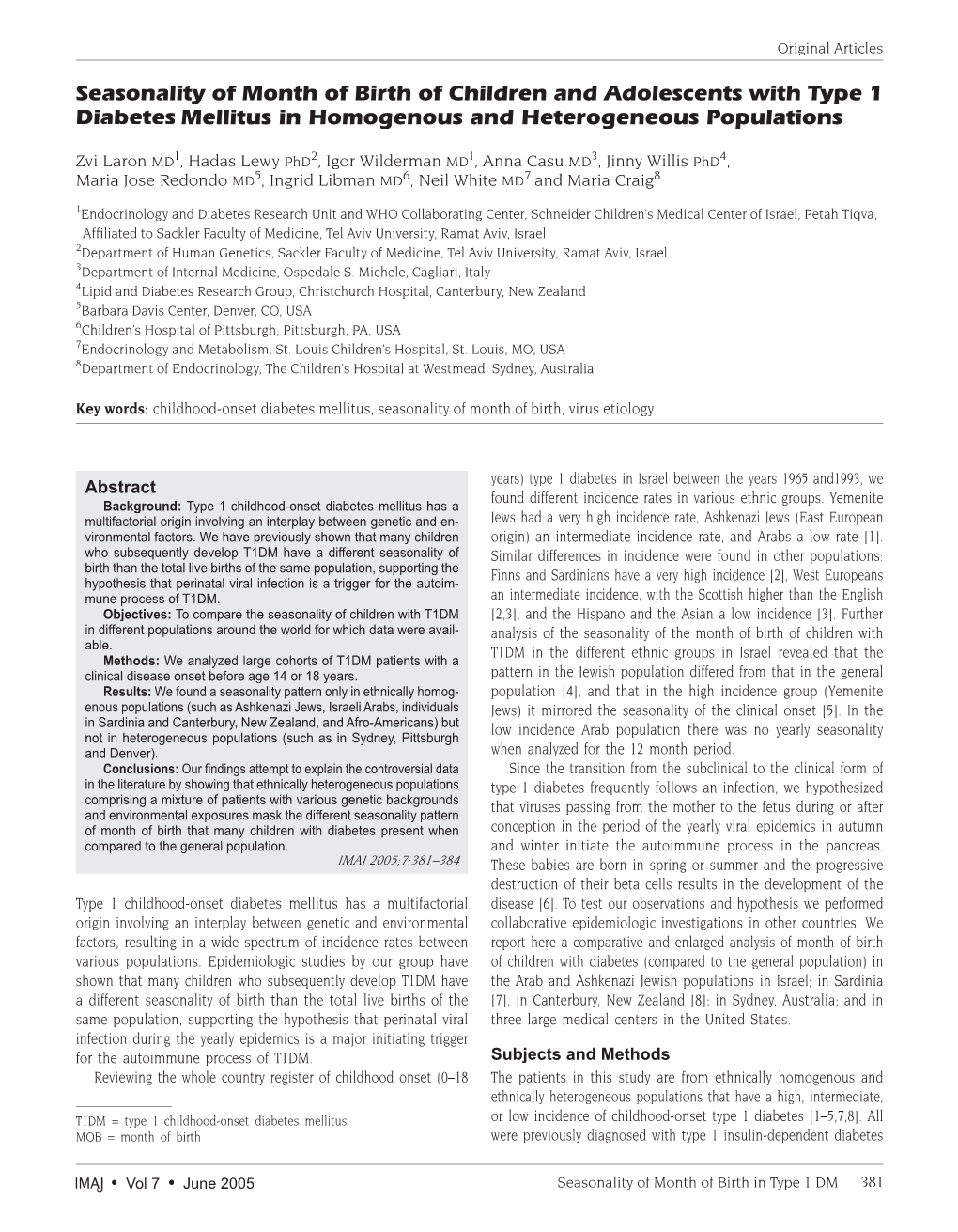 Seasonality of Month of Birth of Children and Adolescents with Type 1 Diabetes Mellitus in Homogenous and Heterogeneous Populations