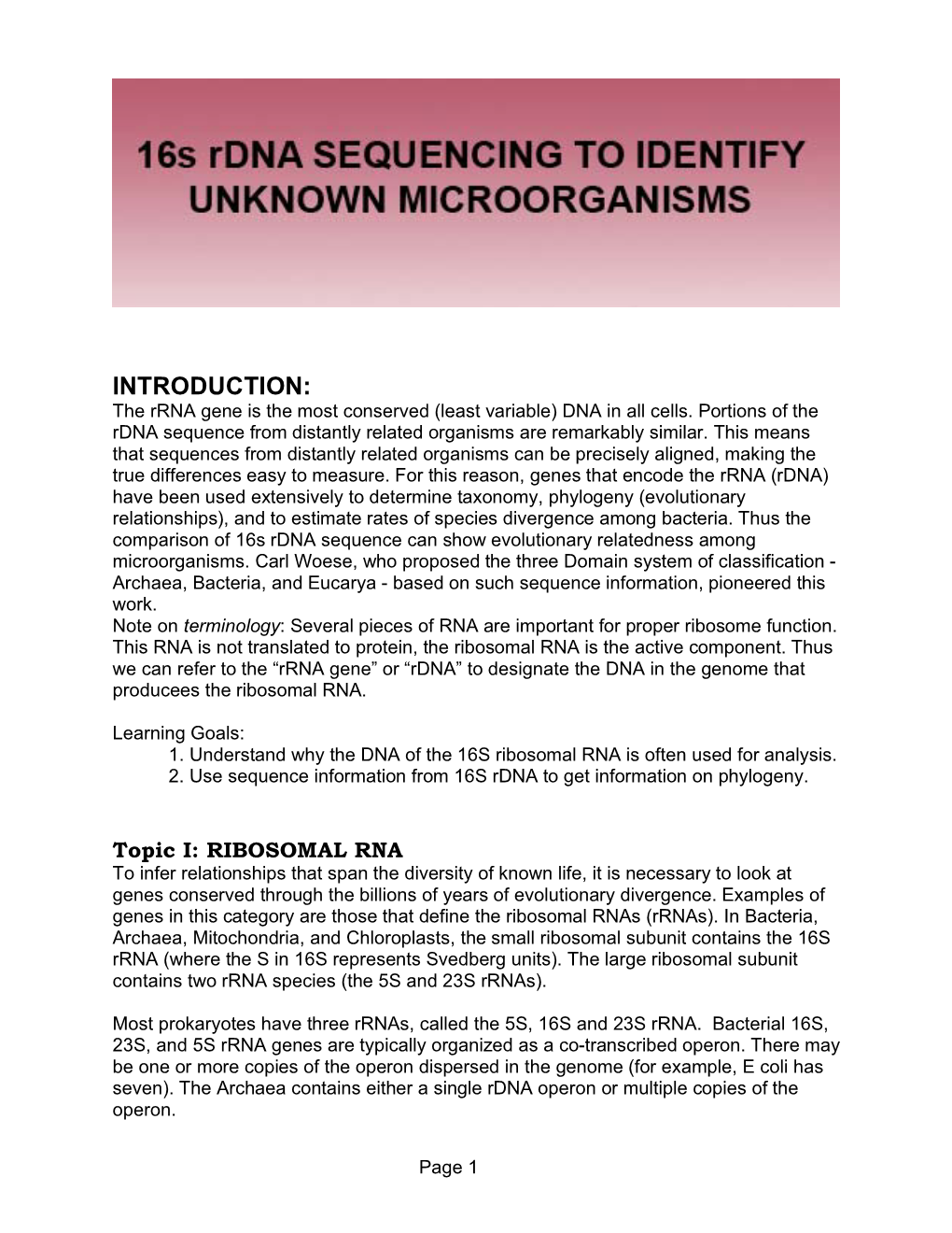 INTRODUCTION: the Rrna Gene Is the Most Conserved (Least Variable) DNA in All Cells