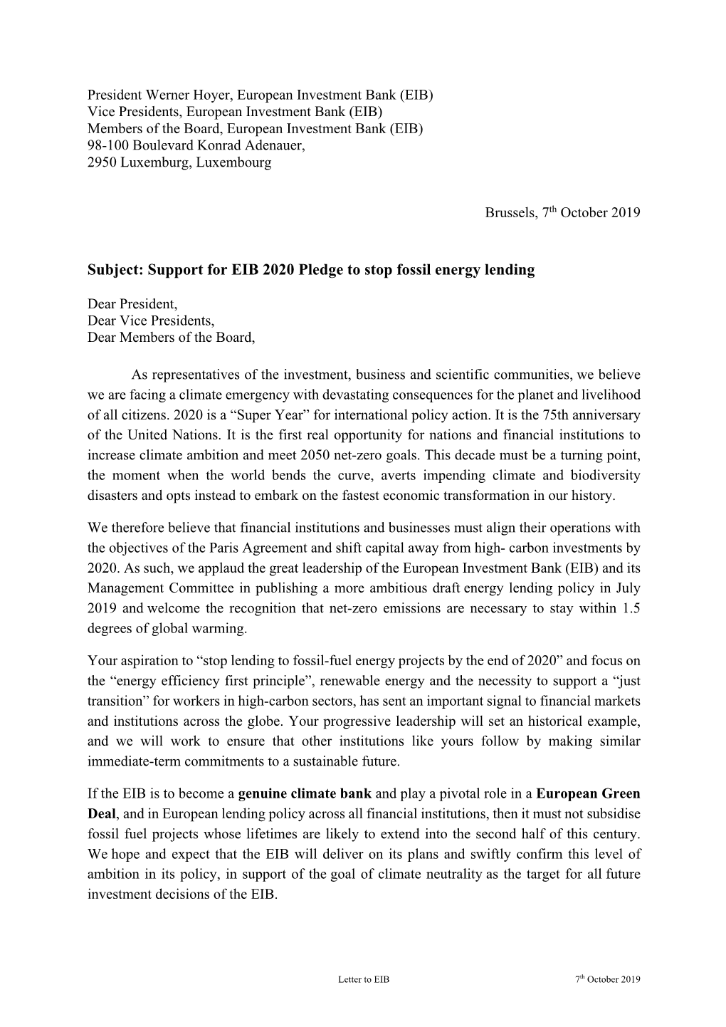 Support for EIB 2020 Pledge to Stop Fossil Energy Lending