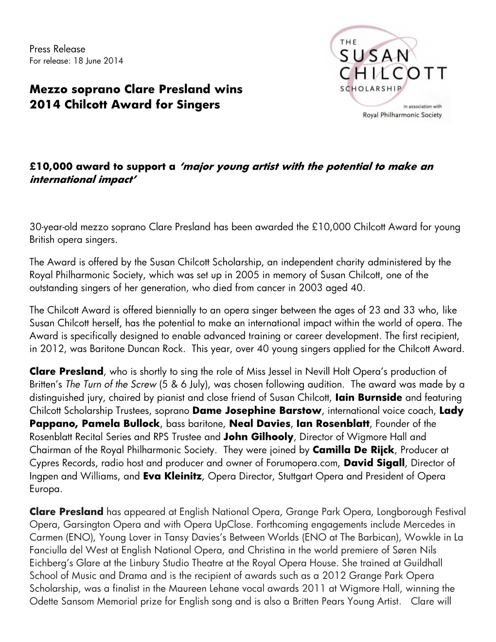 Mezzo Soprano Clare Presland Wins 2014 Chilcott Award for Singers