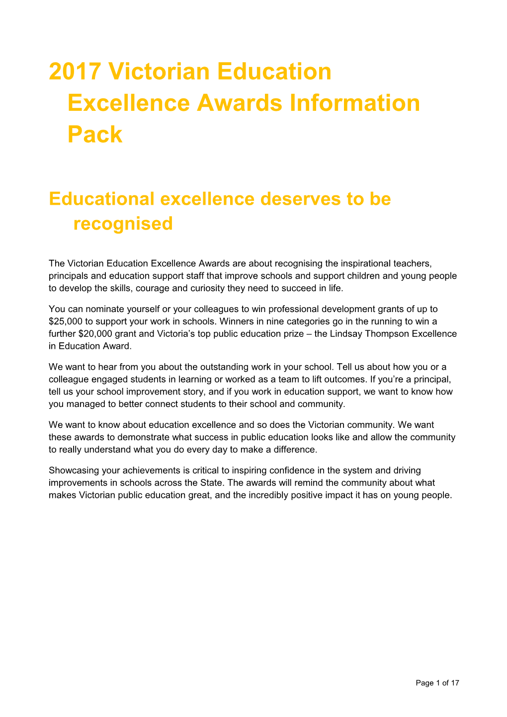 2016 Victorian Education Excellence Awards Information Pack