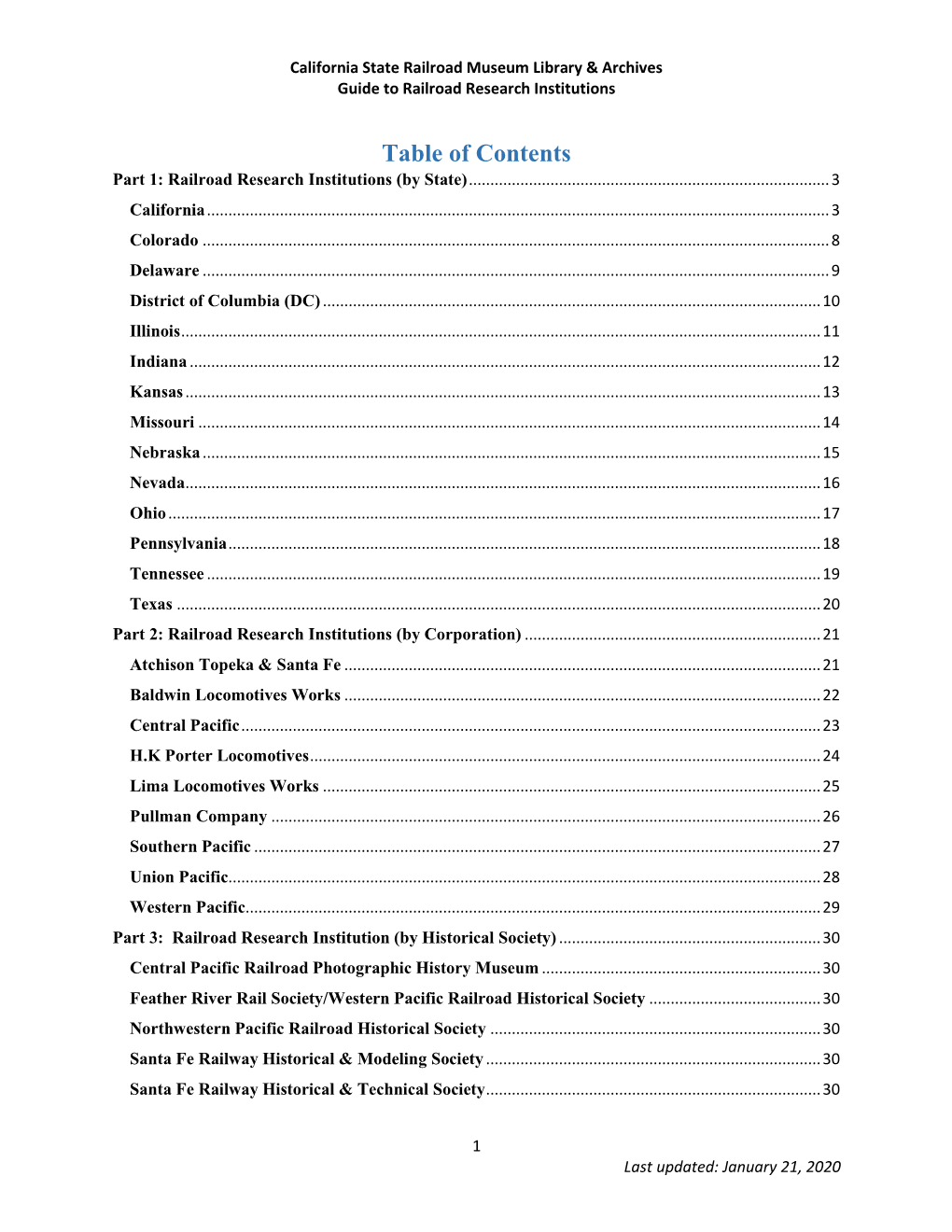 Table of Contents Part 1: Railroad Research Institutions (By State)