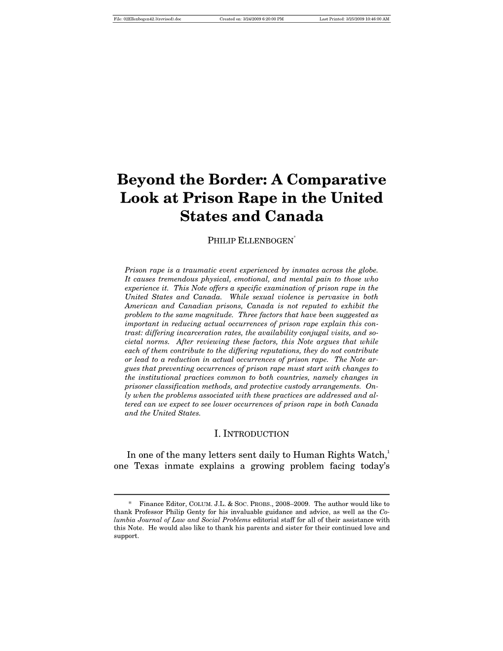 Beyond the Border: a Comparative Look at Prison Rape in the United States and Canada