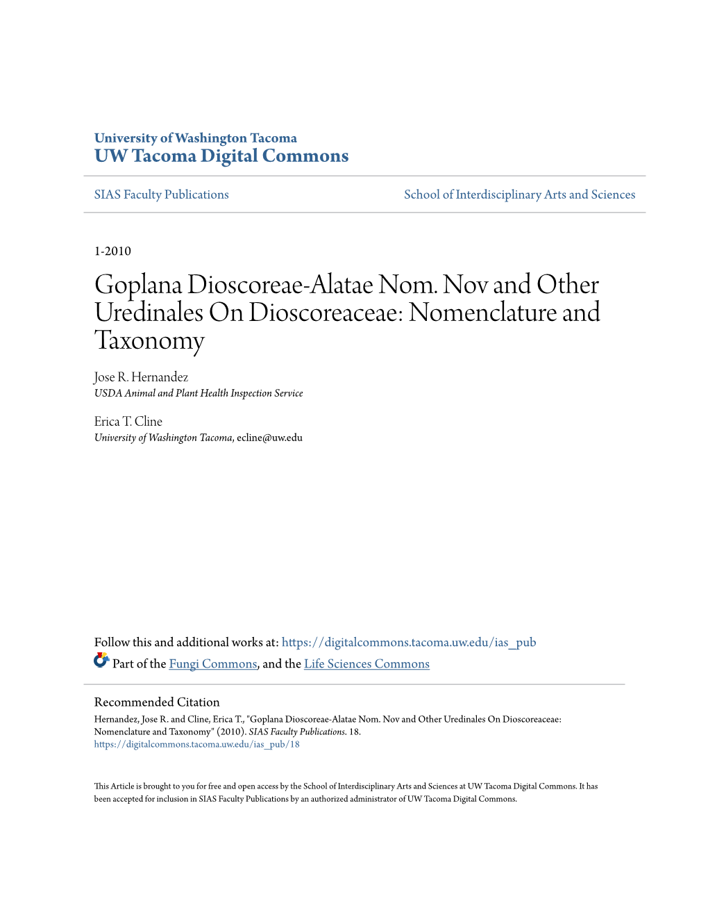 Goplana Dioscoreae-Alatae Nom. Nov and Other Uredinales on Dioscoreaceae: Nomenclature and Taxonomy Jose R
