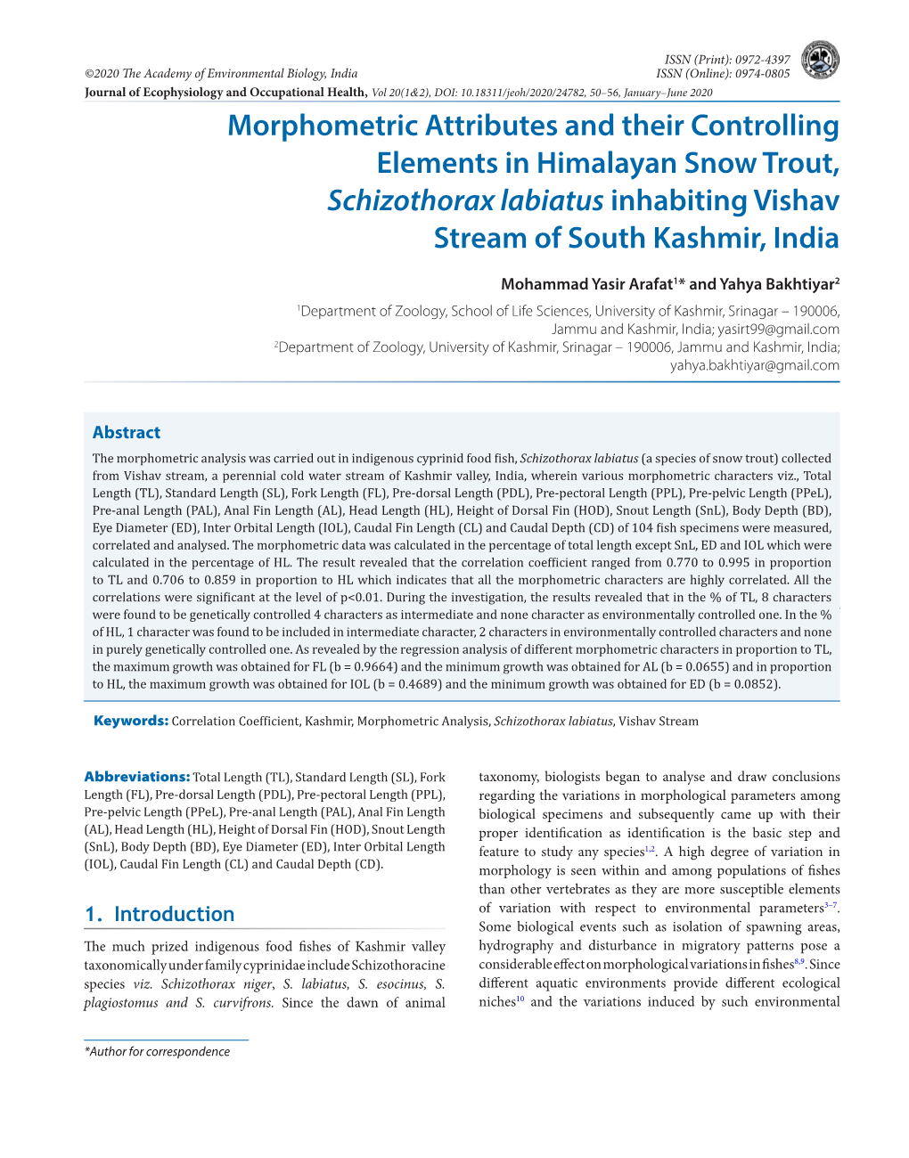 Morphometric Attributes and Their Controlling Elements in Himalayan Snow Trout, Schizothorax Labiatus Inhabiting Vishav Stream of South Kashmir, India