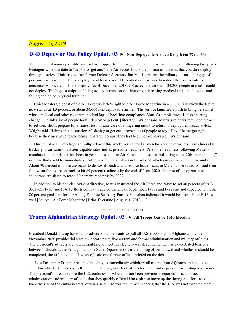 August 15, 2019 Trump Afghanistan Strategy Update 03 All Troops Out