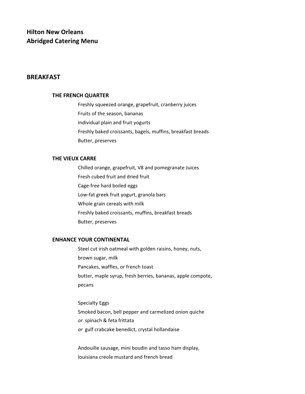 Hilton New Orleans Abridged Catering Menu BREAKFAST