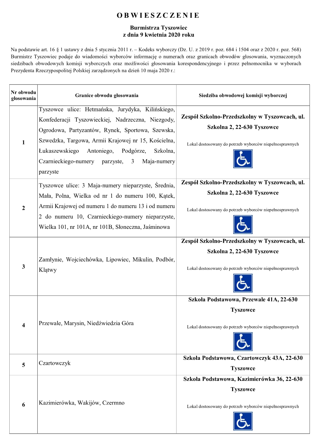 O B W I E S Z C Z E N I E Burmistrza Tyszowiec Z Dnia 9 Kwietnia 2020