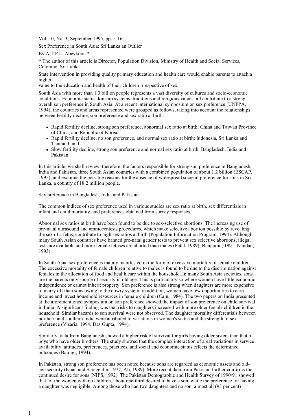 Vol. 10, No. 3, September 1995, Pp. 5-16 Sex Preference in South Asia: Sri Lanka an Outlier by A.T.P.L