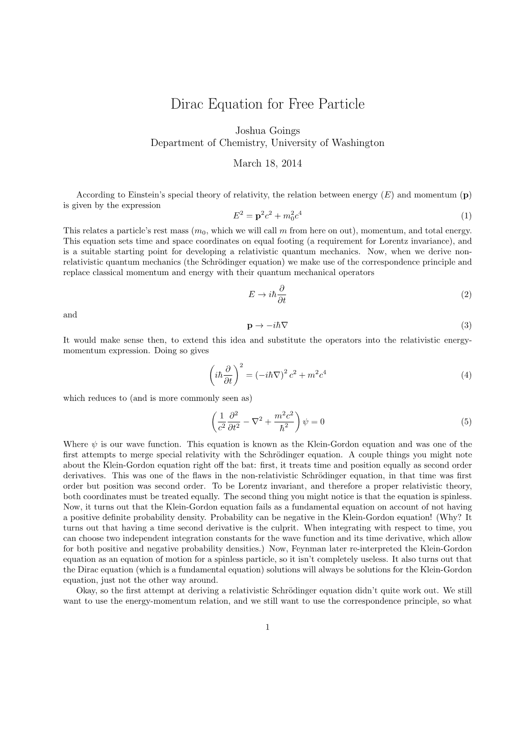 Dirac Equation for Free Particle