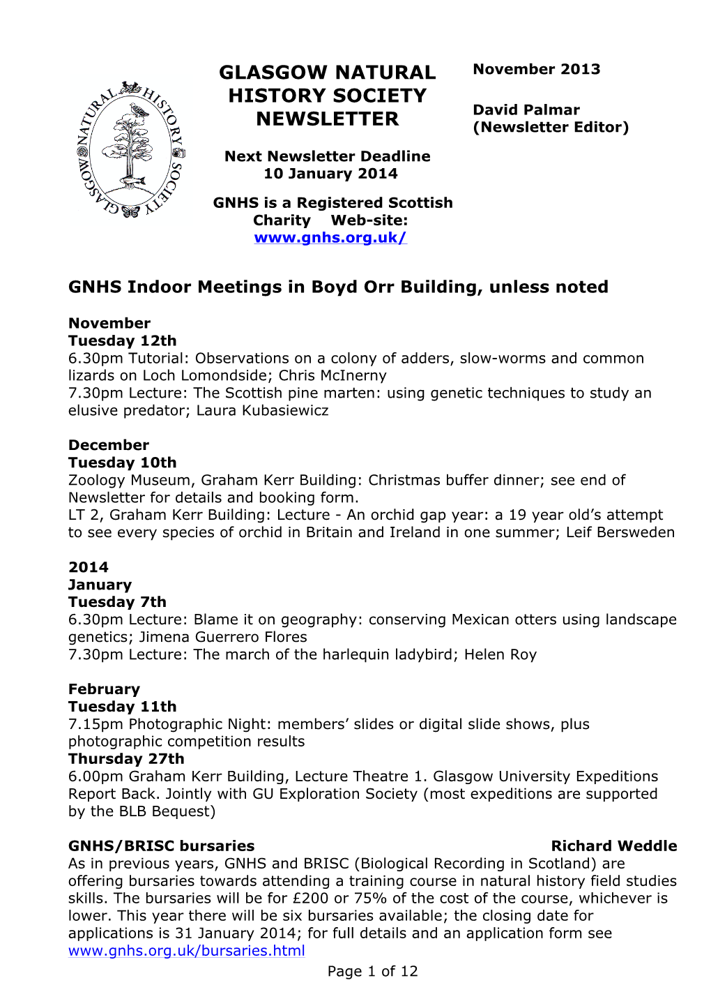 GNHS Newsletter Nov 2013