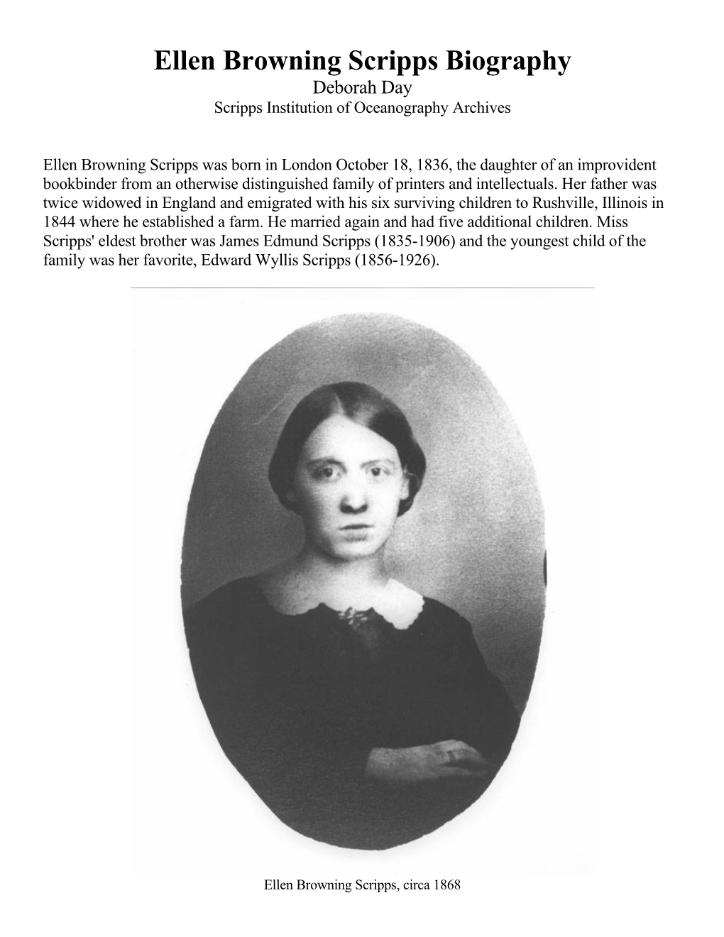 Ellen Browning Scripps Biography Deborah Day Scripps Institution of Oceanography Archives