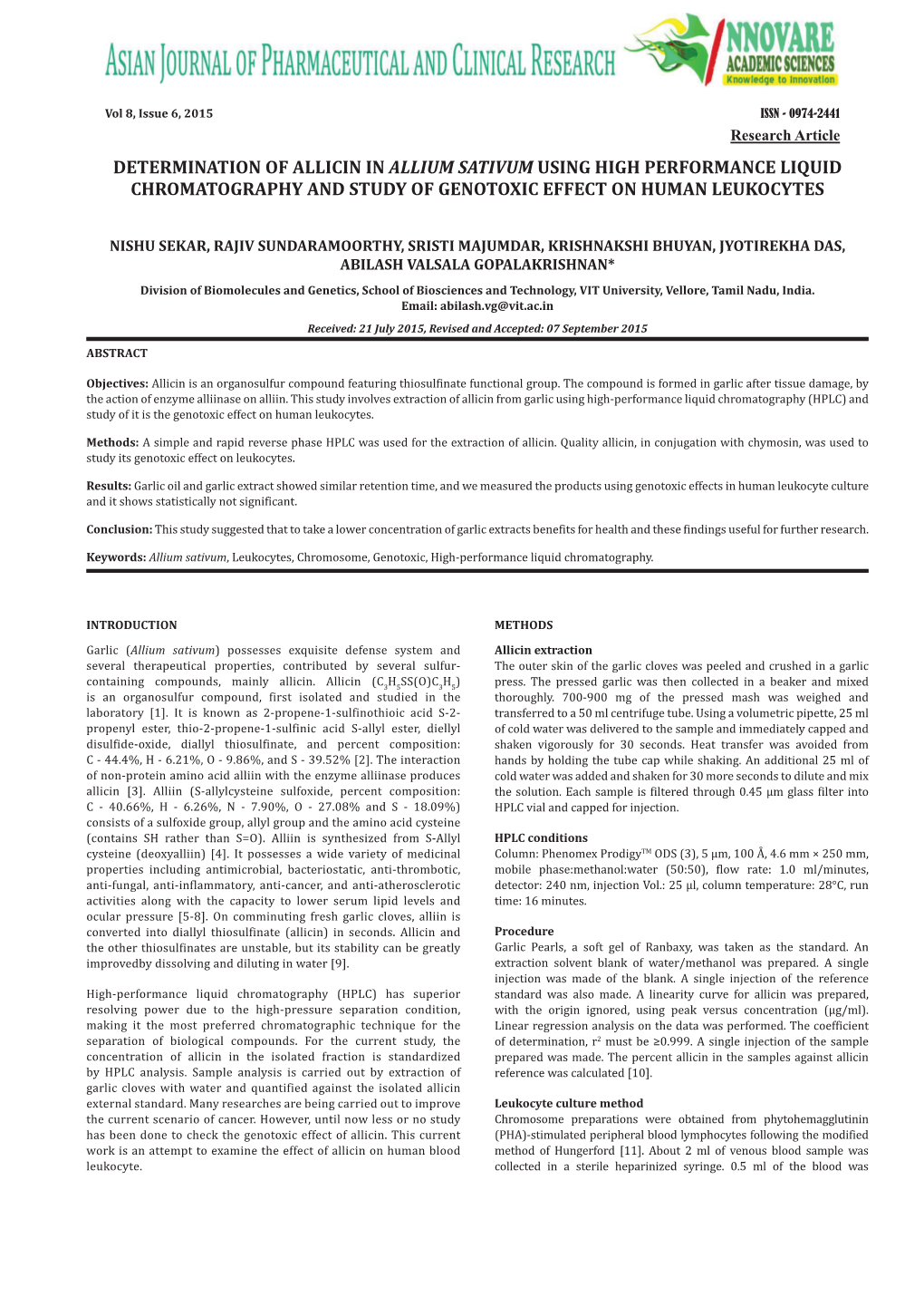 Determination of Allicin in Allium Sativum Using High Performance Liquid Chromatography and Study of Genotoxic Effect on Human Leukocytes