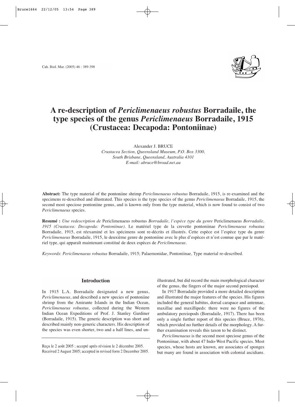 A Re-Description of Periclimenaeus Robustus Borradaile, the Type Species of the Genus Periclimenaeus Borradaile, 1915 (Crustacea: Decapoda: Pontoniinae)