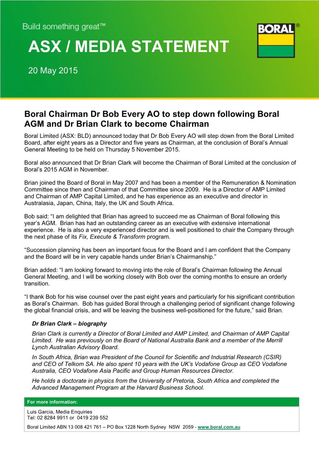 Boral Chairman Dr Bob Every AO to Step Down Following Boral AGM and Dr Brian Clark to Become Chairman