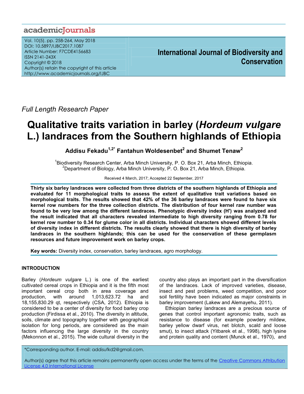 Qualitative Traits Variation in Barley (Hordeum Vulgare L.) Landraces from the Southern Highlands of Ethiopia