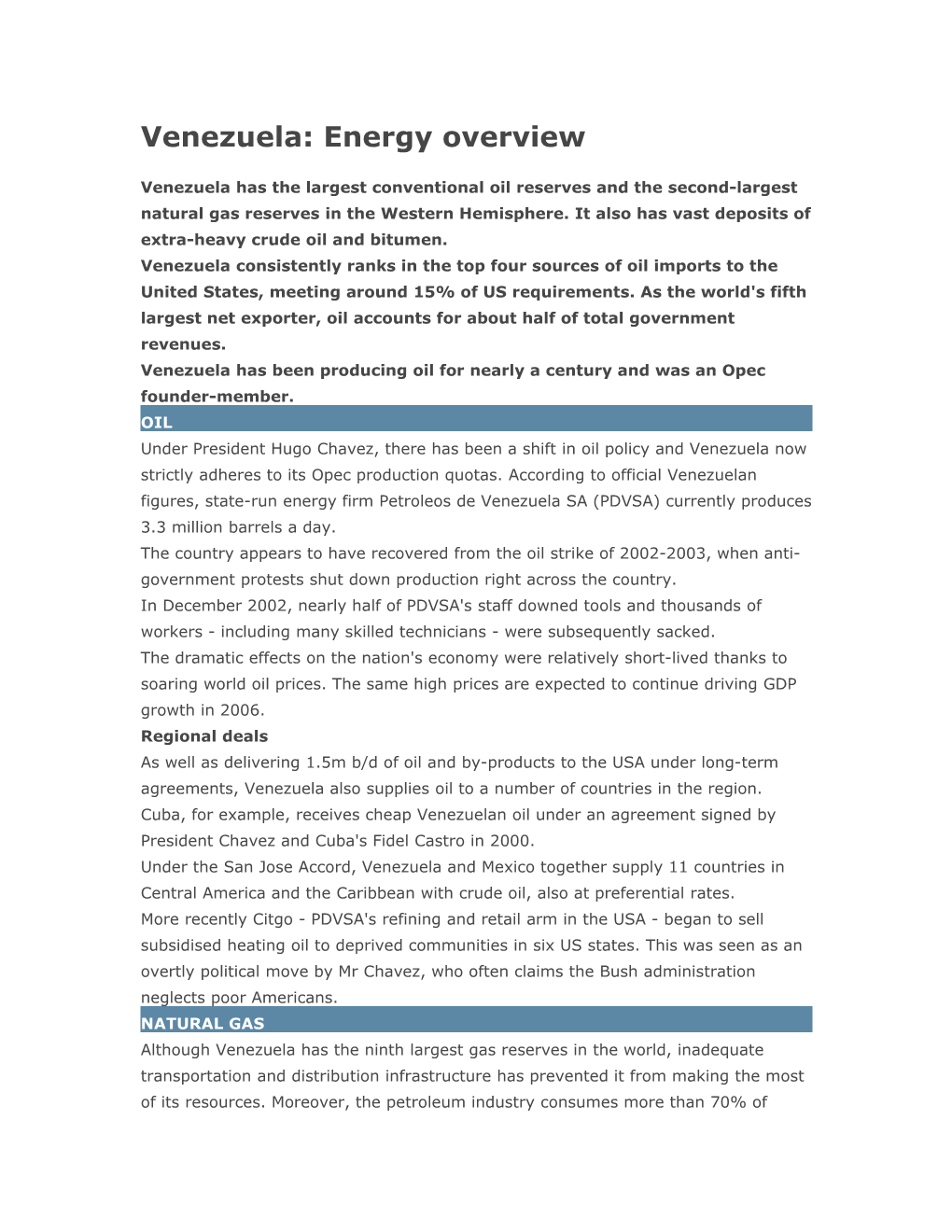 Venezuela: Energy Overview