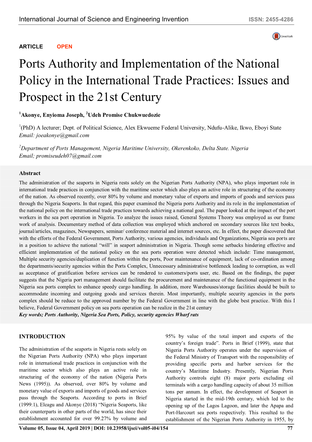 Ports Authority and Implementation of the National Policy in the International Trade Practices: Issues and Prospect in the 21St Century