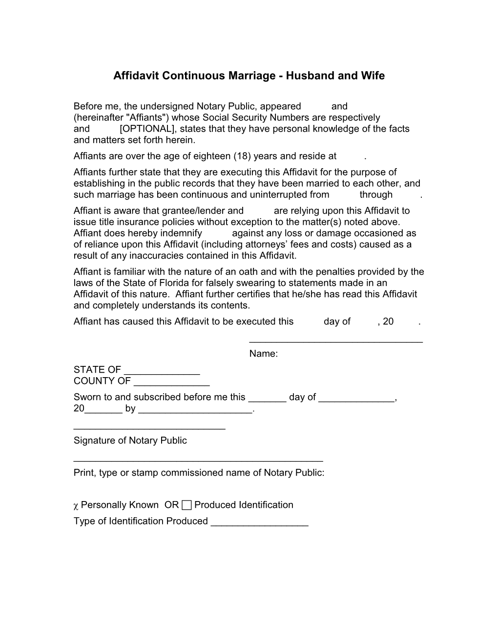 Florida Affidavit of Continuous Marriage