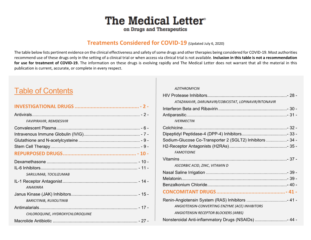 Treatments Considered for COVID-19 (Updated July 6, 2020)