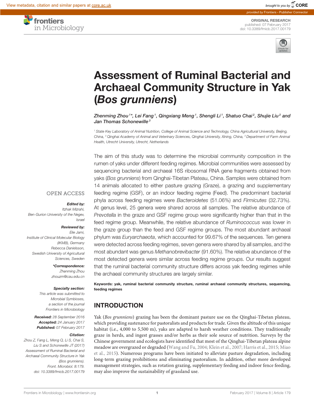 Assessment of Ruminal Bacterial and Archaeal Community Structure in Yak (Bos Grunniens)