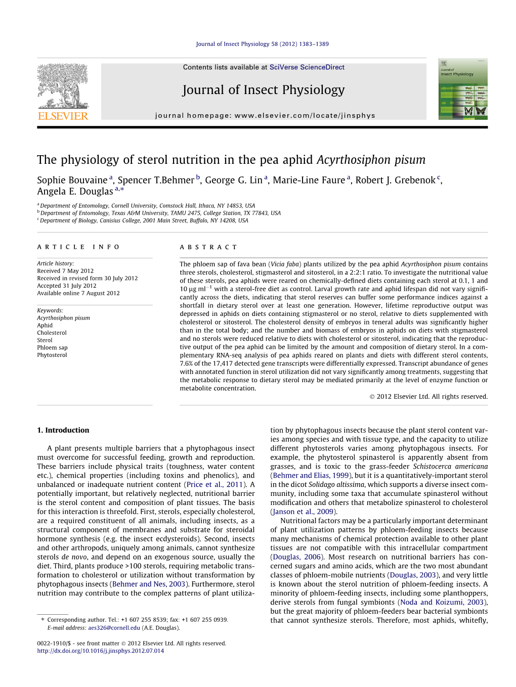 The Physiology of Sterol Nutrition in the Pea Aphid Acyrthosiphon Pisum