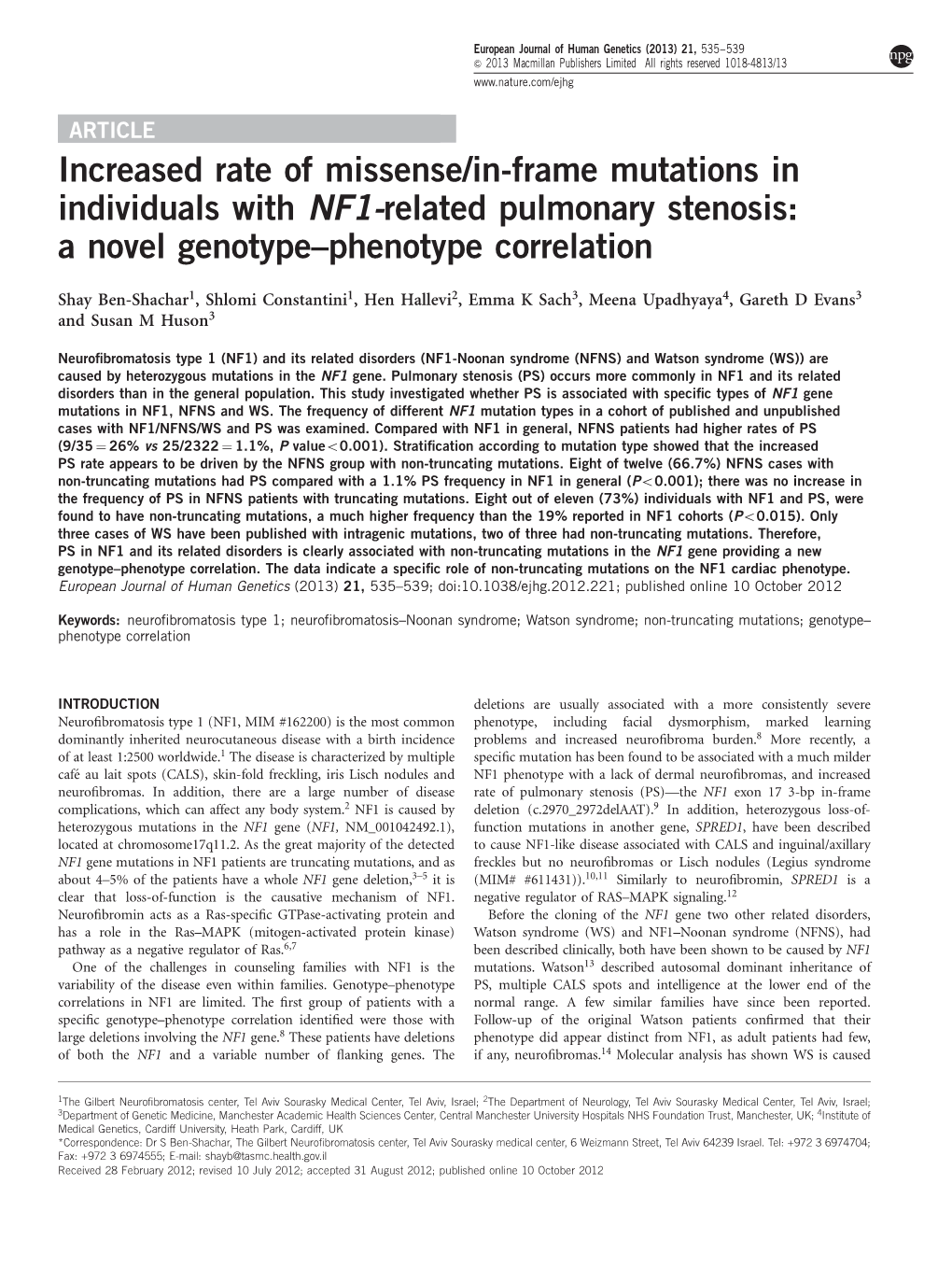 In-Frame Mutations in Individuals with NF1-Related Pulmonary Stenosis: a Novel Genotype–Phenotype Correlation