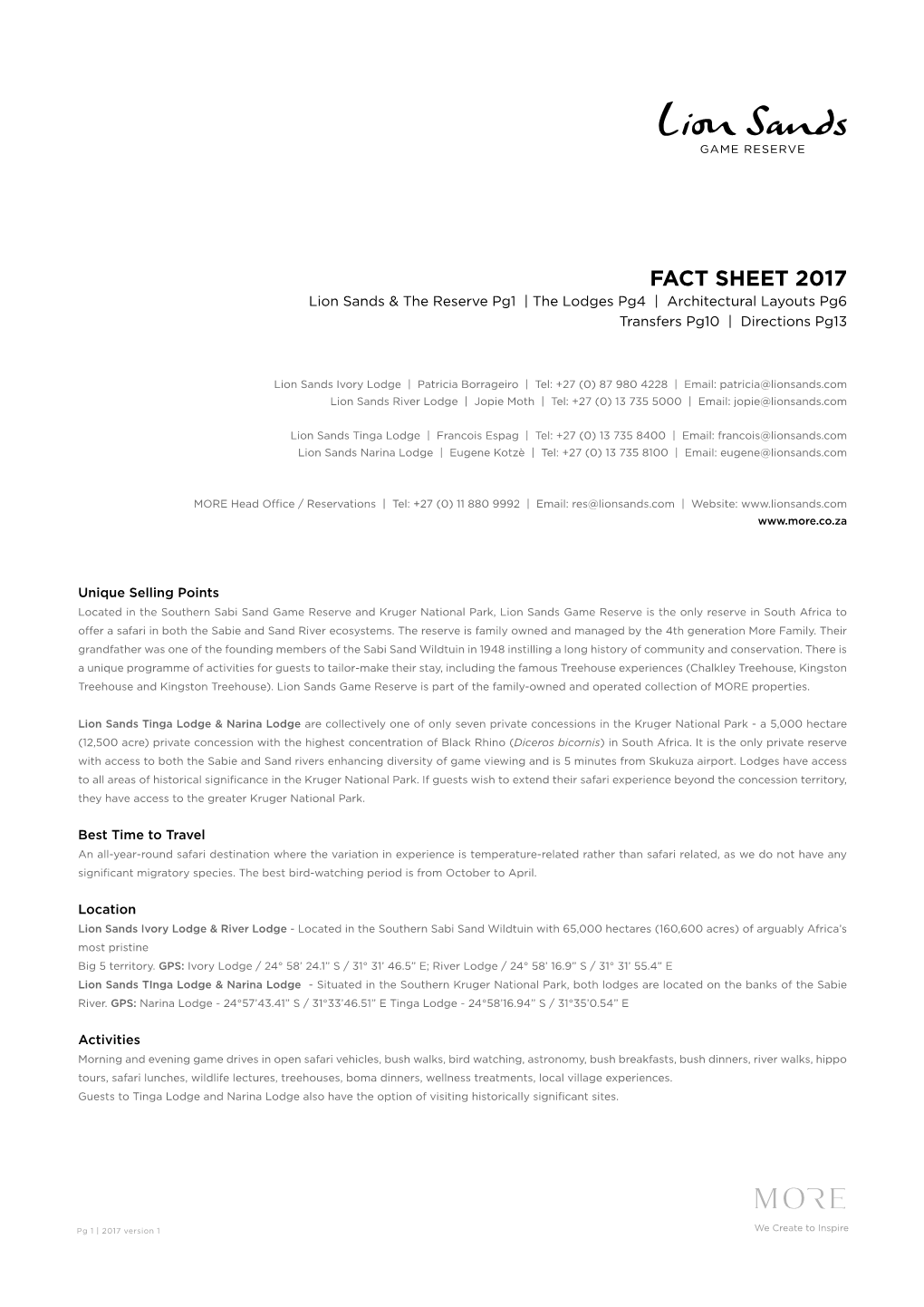 FACT SHEET 2017 Lion Sands & the Reserve Pg1 | the Lodges Pg4 | Architectural Layouts Pg6 Transfers Pg10 | Directions Pg13