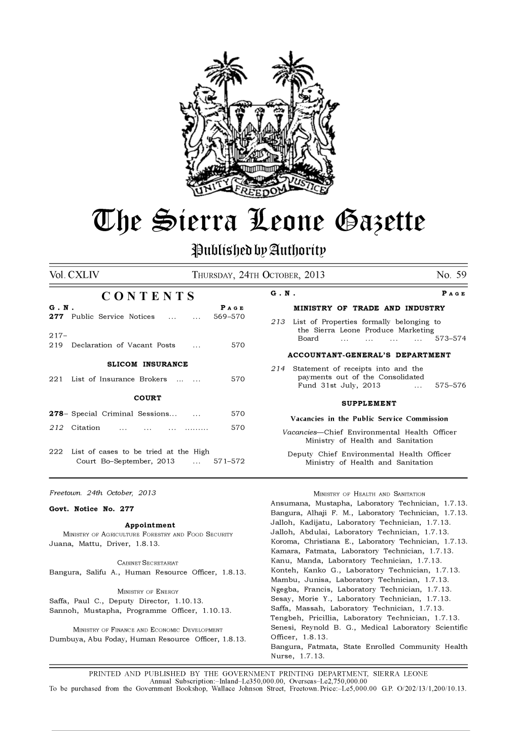 The Sierra Leone Gazette Published by Authority