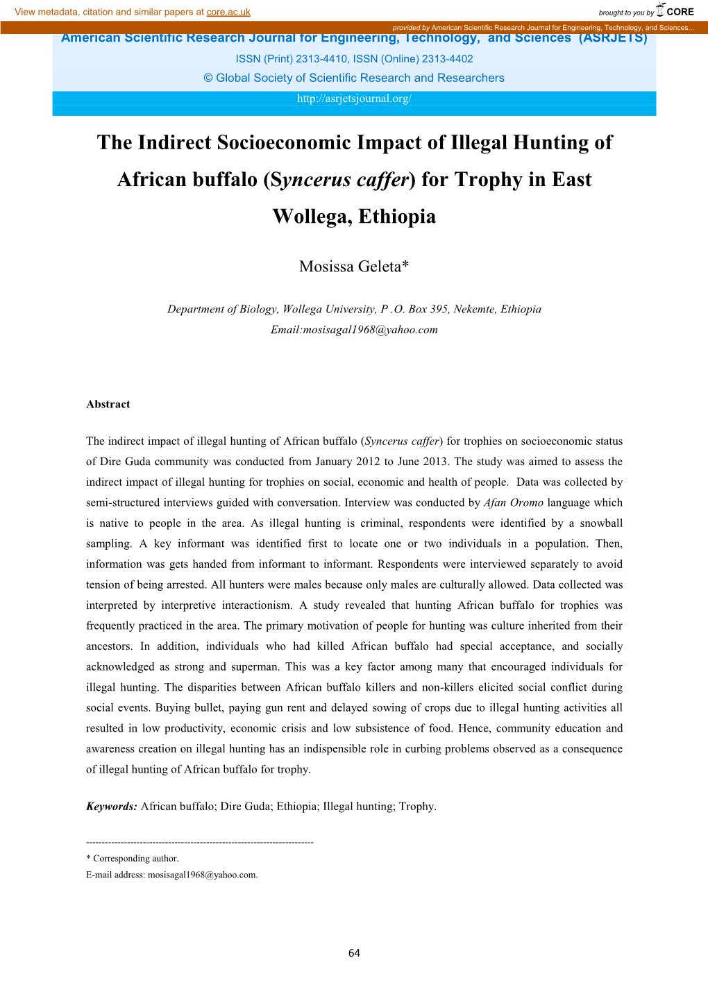 The Indirect Socioeconomic Impact of Illegal Hunting of African Buffalo (Syncerus Caffer) for Trophy in East Wollega, Ethiopia