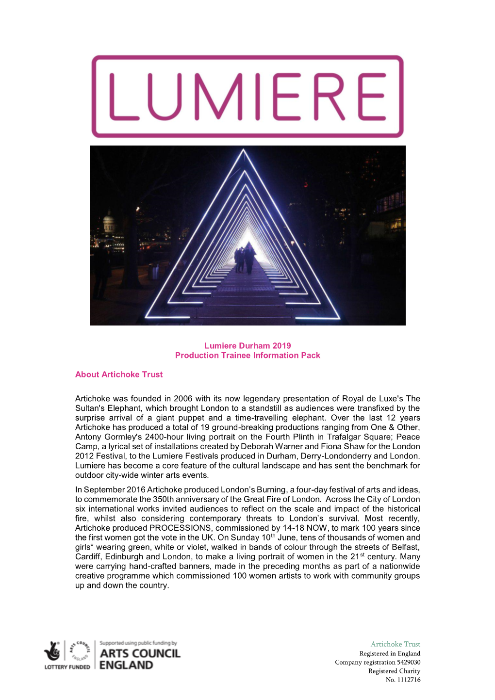 Lumiere Durham 2019 Production Trainee Information Pack About