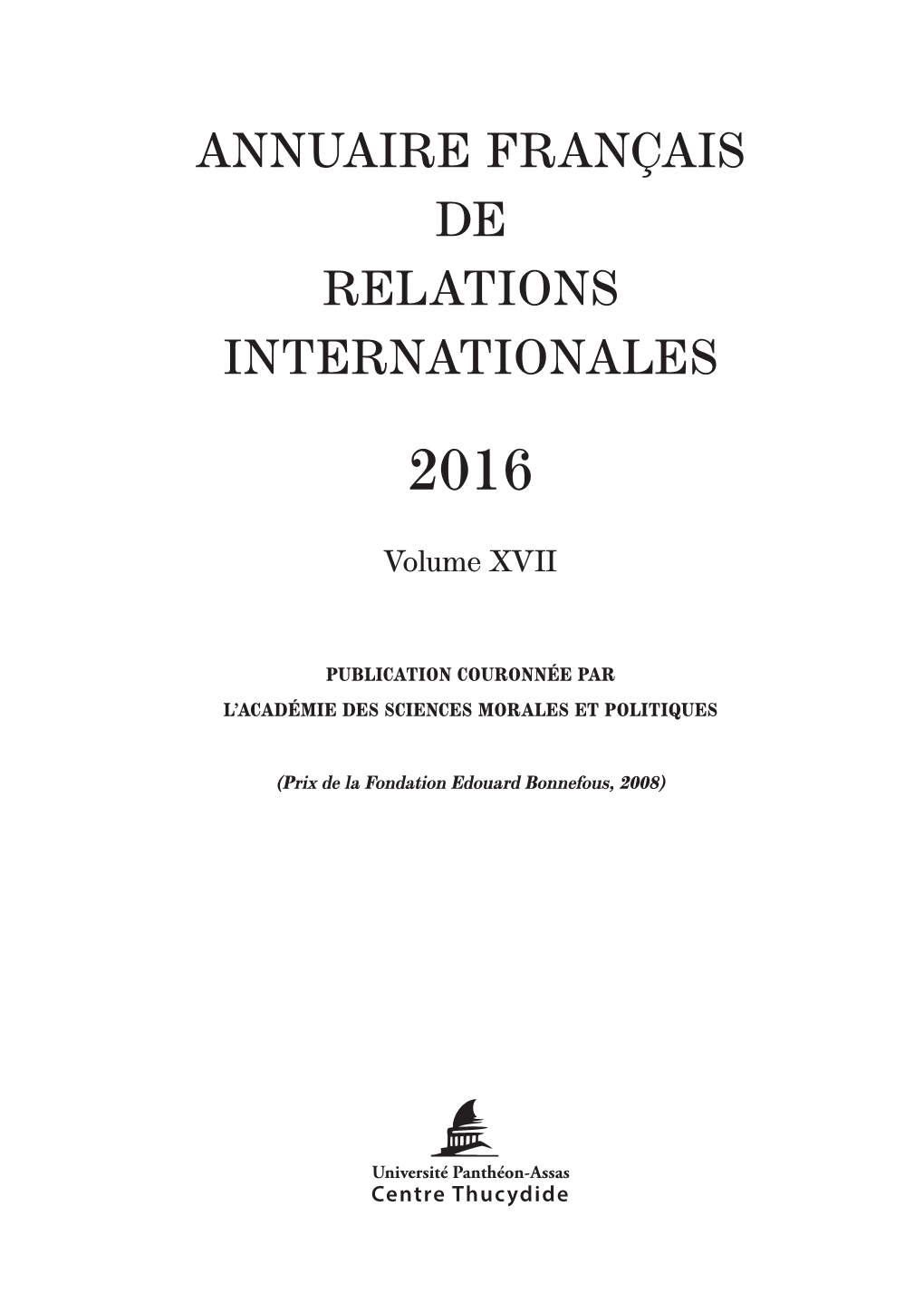 Annuaire Français De Relations Internationales 2016