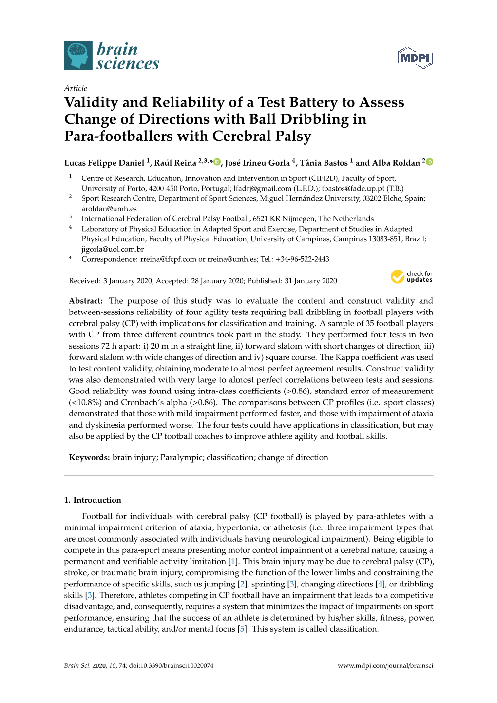 Validity and Reliability of a Test Battery to Assess Change of Directions with Ball Dribbling in Para-Footballers with Cerebral Palsy