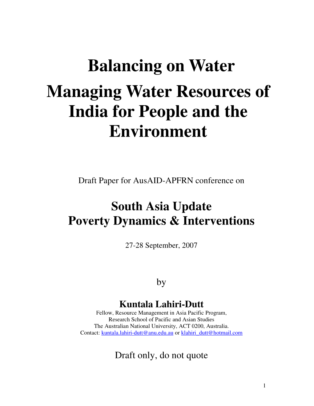 Balancing on Water Managing Water Resources of India for People and the Environment